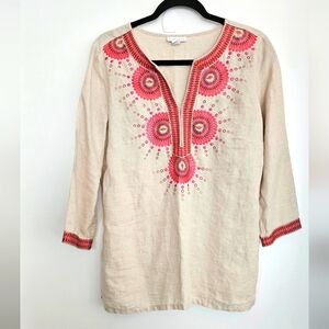 Charter Club Womens Medium Khaki Linen Tunic W/Pink Embroidery VNeck 3/4…